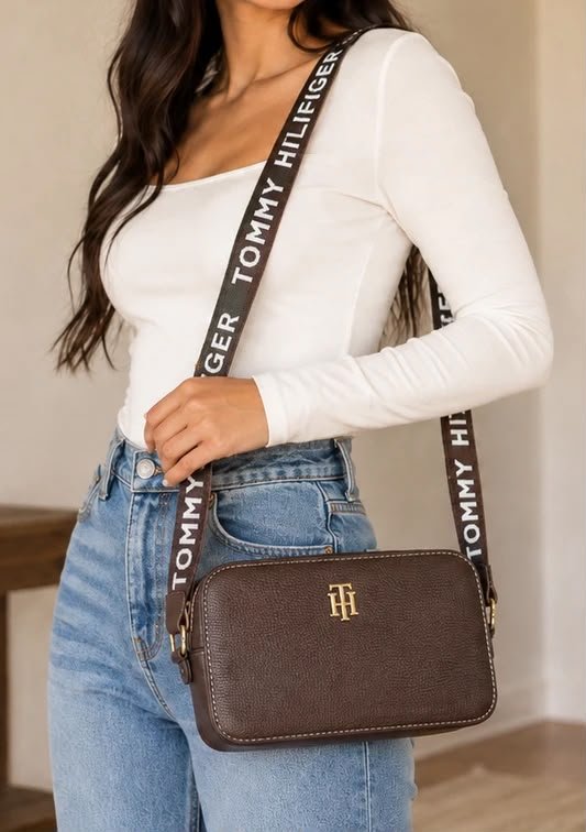 شنطة Tommy Hilfiger حريمي كروس بني بحزام عريض عليه اسم الماركة