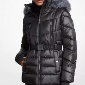 جاكيت بافر Michael Kors حريمي أسود بكابيشون فرو وحزام KORS مقاس XL