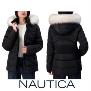 جاكيت بافر Nautica حريمي أسود بكابيشون فرو أبيض – من قدّام ومن ورا