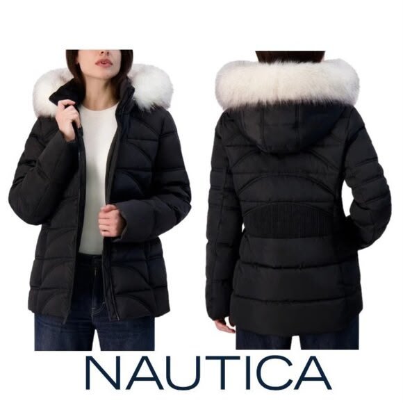 جاكيت بافر Nautica حريمي أسود بكابيشون فرو أبيض – من قدّام ومن ورا