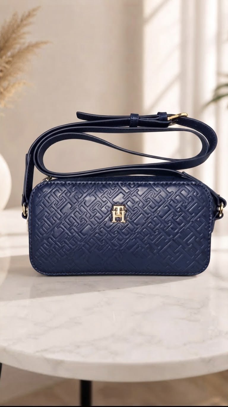 tommy-hilfiger-women-embossed-camera-bag-navy شنطة Tommy Hilfiger حريمي كروس كحلي بمونوجرام بارز
